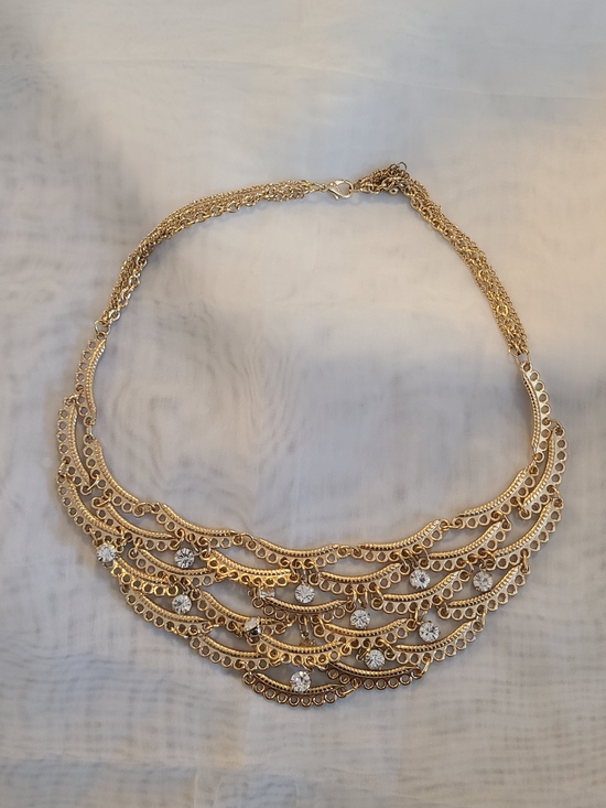 Private Label Jewelry - Elegant Gold Tone  Layered Statement Necklace with Rhinestone Accents 16" Chain